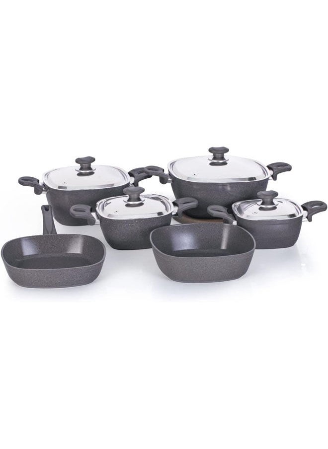 Top Chef طقم طبخ جرانيت 10 قطع مربع (قدر 18-20-24، مقلاة 26، صينية 26) رمادي  - Image 1