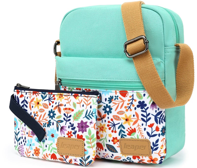 Leaper Girls Crossbody Purses 2 PCS Floral Messenger Bag Canvas Crossbody Bag and Purse Set for Women (SD06-Water Blue) - Image 2