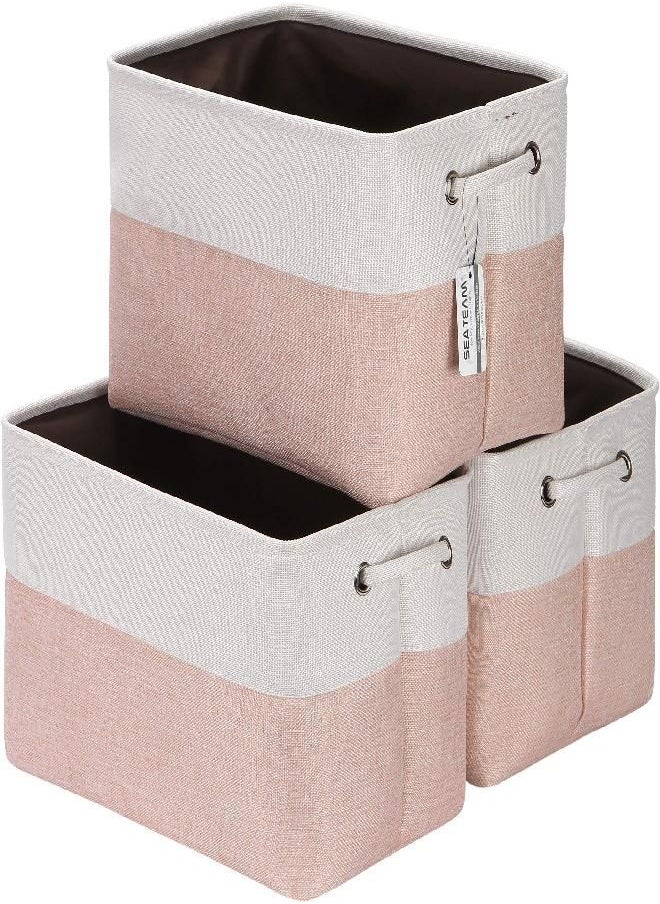 Sea Team Sea Team 3-Pack Large Storage Basket Set, Trunk Organizer, Clothes Toys Bin, 15 x 10 x 10 Inches, Big Rectangular Canvas Fabric Collapsible Shelf Box with Handles for Kids Room (Pale Blush/White)  - Image 2