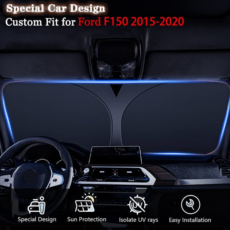 YOFAMO يوفامو واقي شمس أمامي للسيارة قابل للطي مخصص لسيارة فورد F-150 F150 2015-2020 لاريت، كينغ رانش، بلاتينيوم، XL XLT ليمتد رابتور ملحقات داخلية (أسود) - Image 2