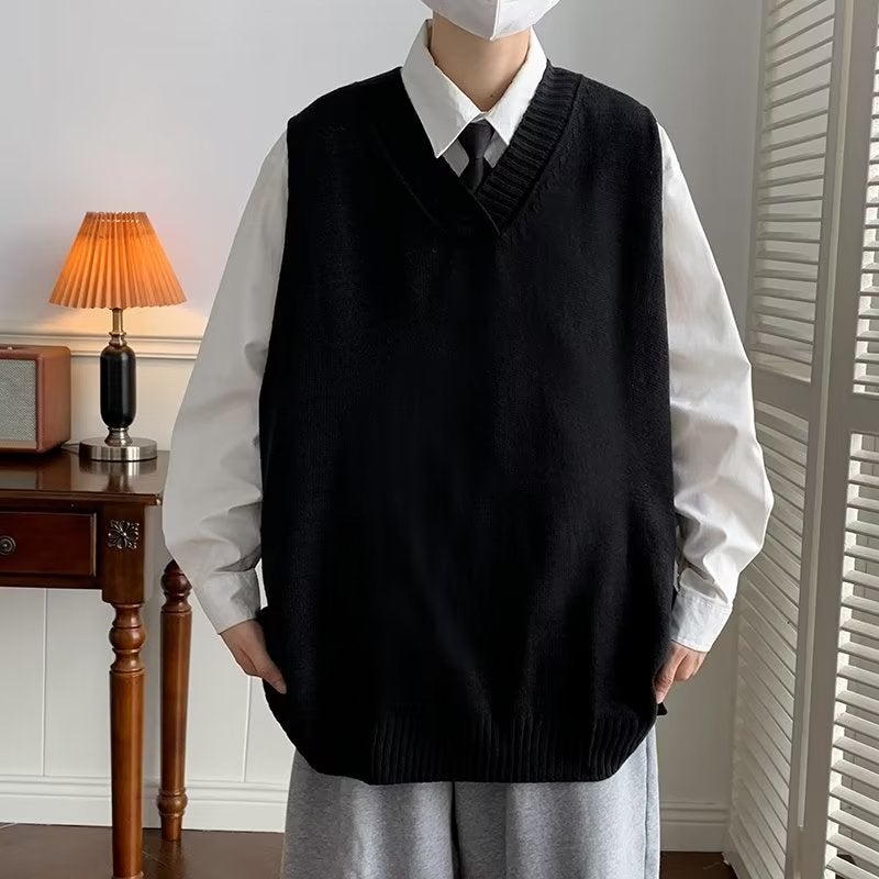 Brown V-neck Knit Vest Men Casual Sleeveless Sweater Black  - Image 1