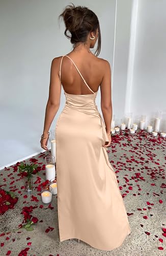 Memoriesea Women's Sexy One Shoulder Satin High Split Cocktail Wedding Party Maxi Dress Champagne - Image 5