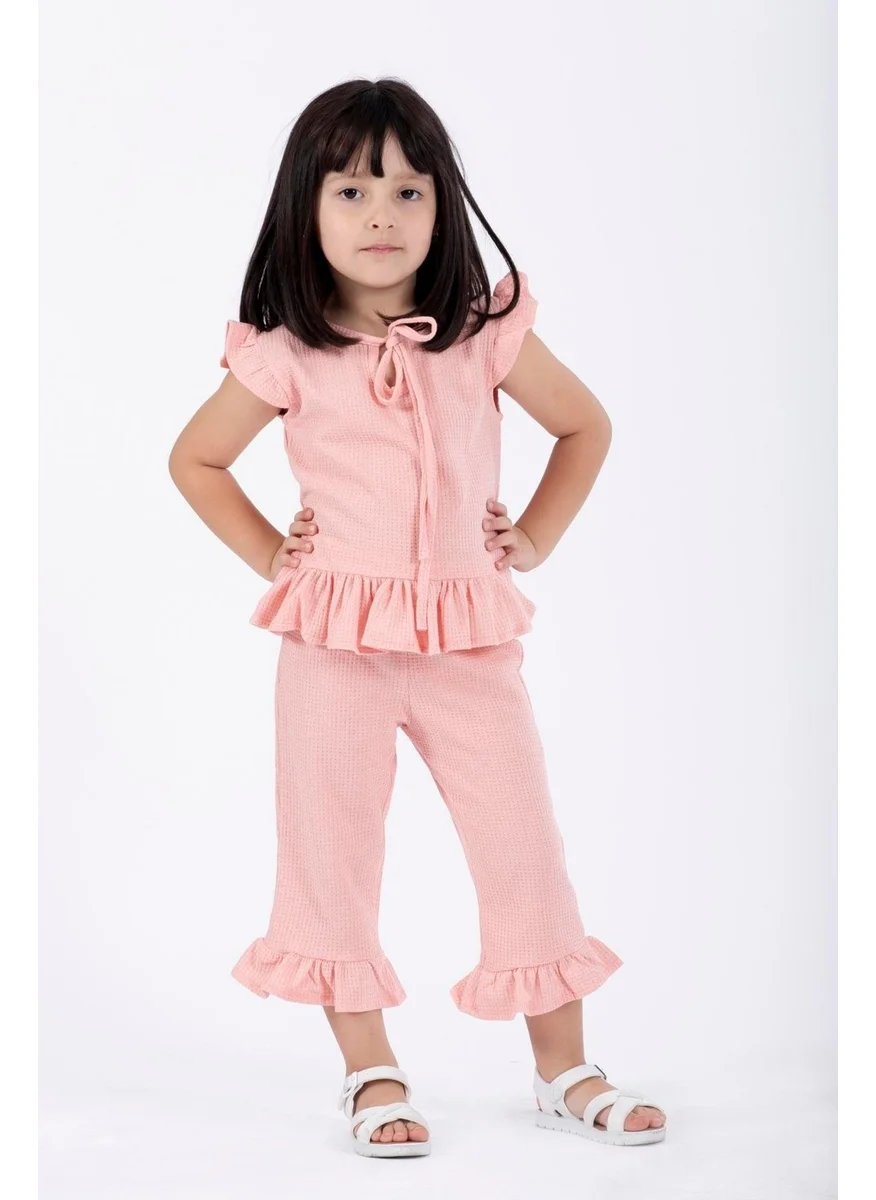 Zepkids Crew Neck Short Sleeve Waffle Frilled Two Piece Set Pink Color Girl's Two Piece Set