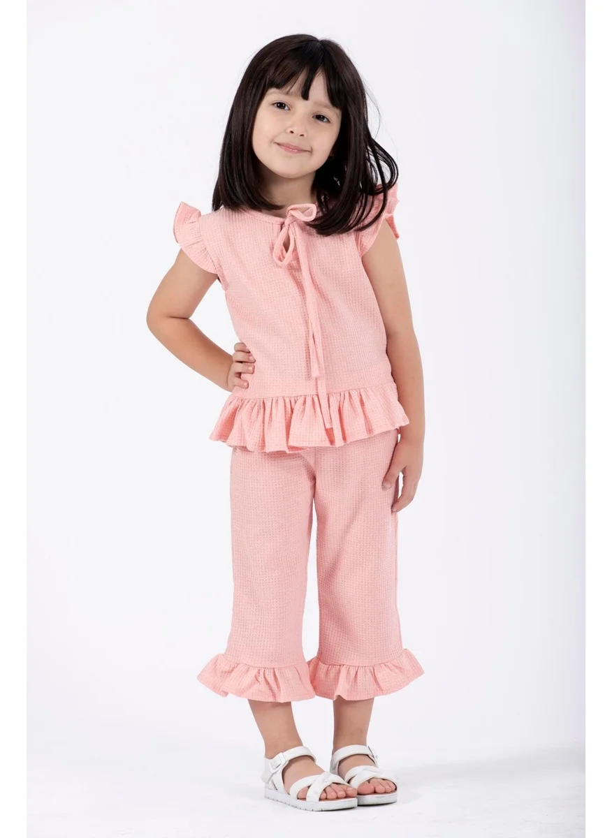 Zepkids Crew Neck Short Sleeve Waffle Frilled Two Piece Set Pink Color Girl's Two Piece Set