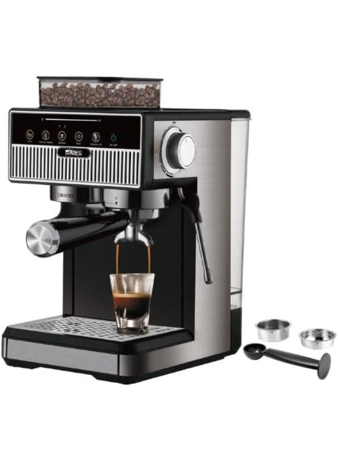 دي اس بي ماكينة قهوة إسبرسو احترافية من DSP مع مطحنة مدمجة، ضغط 20 بار، عصا تبخير الحليب – أسود وفضي - Image 1