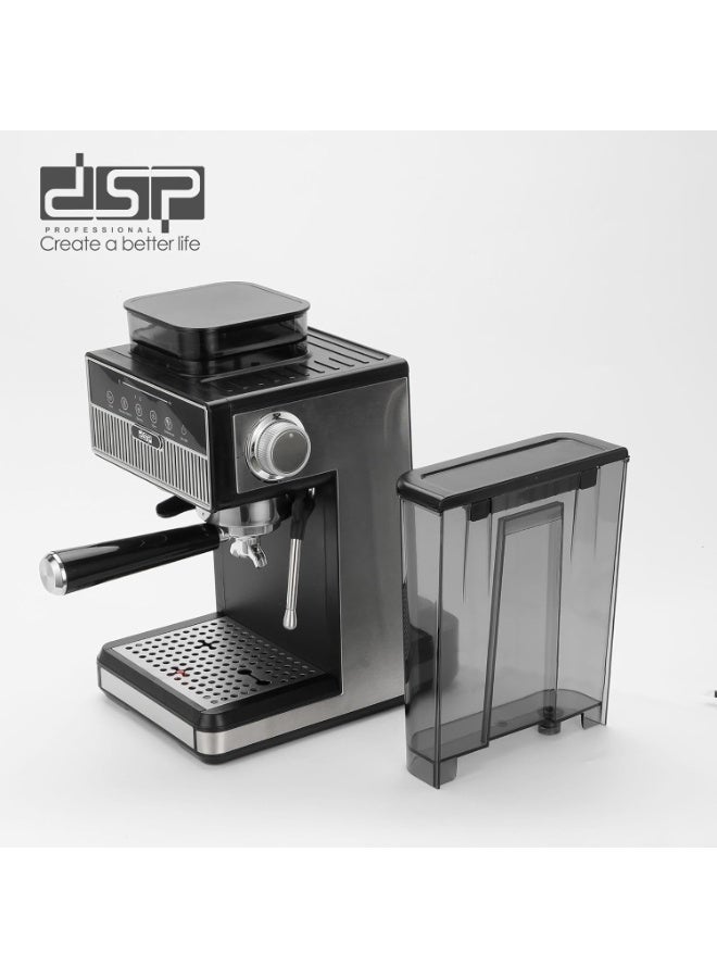 دي اس بي ماكينة قهوة إسبرسو احترافية من DSP مع مطحنة مدمجة، ضغط 20 بار، عصا تبخير الحليب – أسود وفضي - Image 2