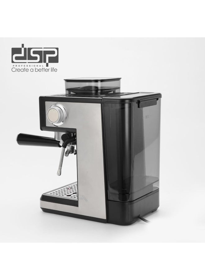 دي اس بي ماكينة قهوة إسبرسو احترافية من DSP مع مطحنة مدمجة، ضغط 20 بار، عصا تبخير الحليب – أسود وفضي - Image 3