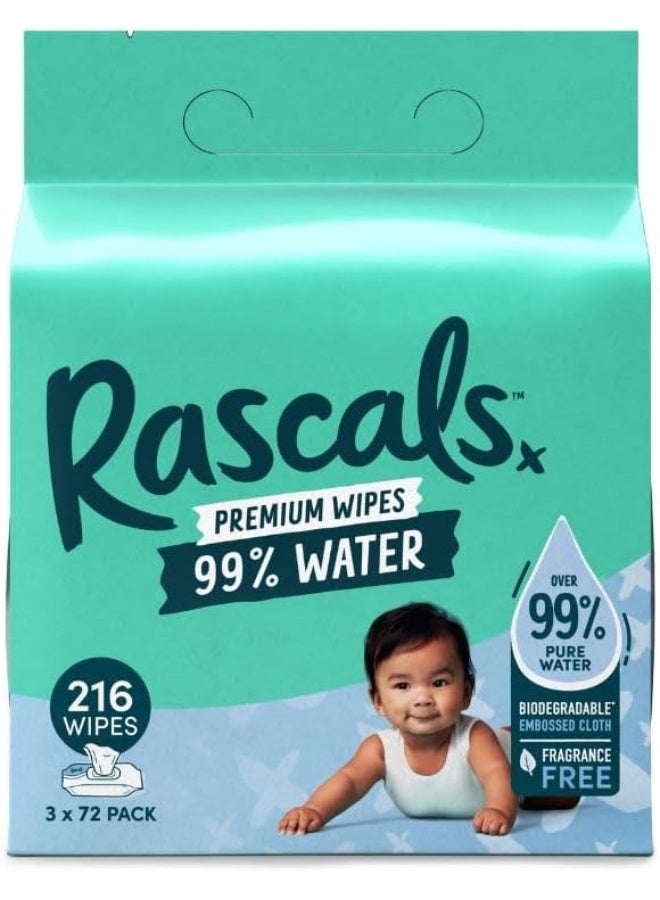 Rascals Premium Baby Wipes | Hypoallergenic & Dermatologist Tested Wet Wipes | 99% Natural Formula Baby Travel Wipes - Thick & Plastic Free Wet Wipes - Pack of 216 (72 x 3) - Image 1