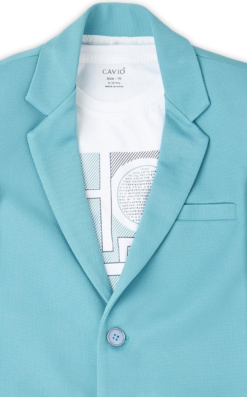 CAVIO Boys TurquoiseBlue Regular Fit Solid Cotton Blazer and T-Shirt - Image 4