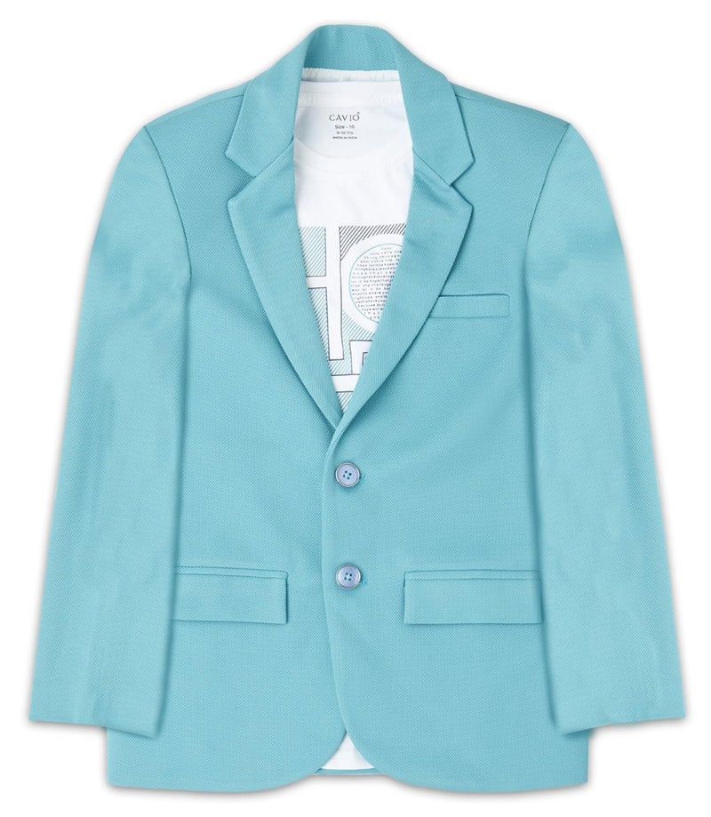 CAVIO Boys TurquoiseBlue Regular Fit Solid Cotton Blazer and T-Shirt - Image 1