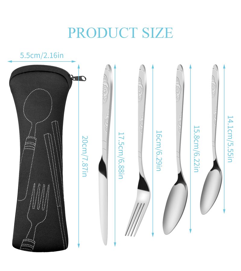 Green Portable 4pcs Stainless Steel Camping Cutlery Set with Bag - Image 2