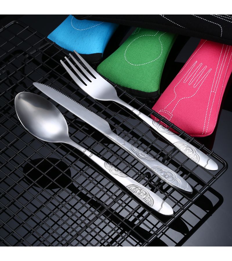 Green Portable 4pcs Stainless Steel Camping Cutlery Set with Bag - Image 5