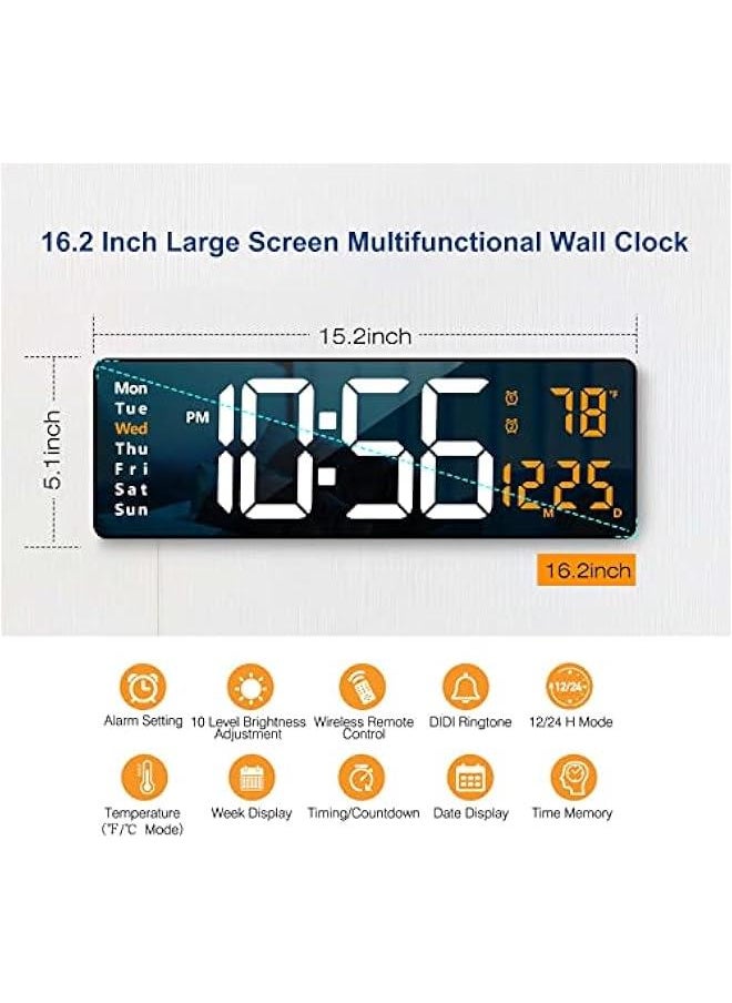 Digital Wall Clock Large Display, 16.2 Inch , LED Digital Clock with Remote Control for Living Room Decor, Automatic Brightness Dimmer with Date Week Temperature (Orange)