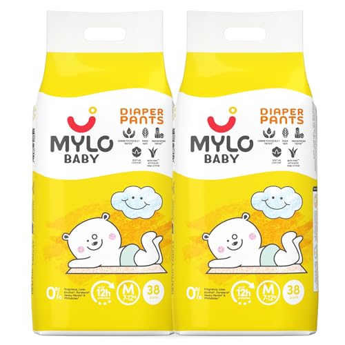 Mylo Baby Diaper Pants Medium (M) Size 7-12 kgs (76 count) Leak Proof | Lightweight | Rash Free | Upto 12 Hours Protection | ADL Technology | with Aloe Vera Lotion (38 Count, Pack of 2) - Image 1