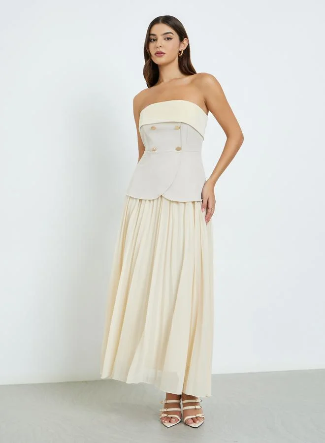 Styli Beige Bandeau Neck Pleated Maxi Dress