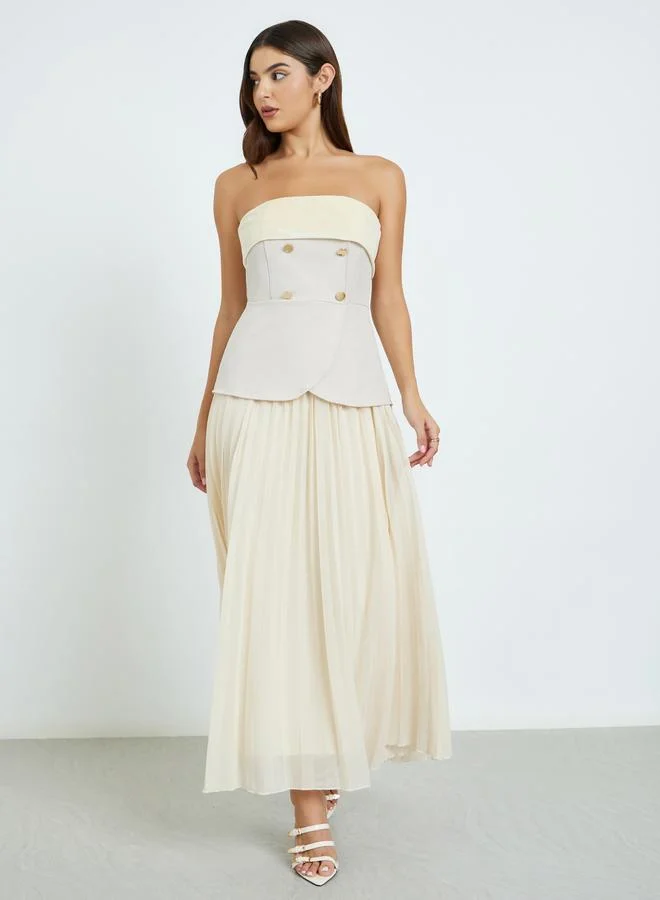 Styli Beige Bandeau Neck Pleated Maxi Dress