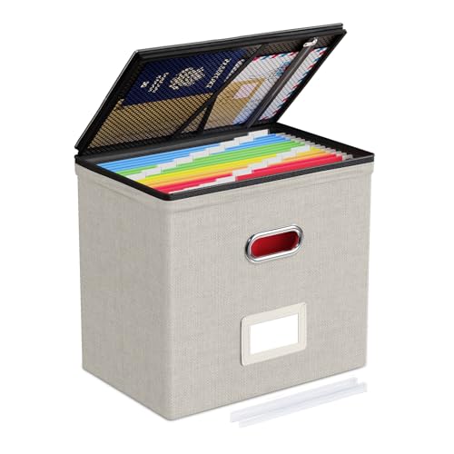 Oterri File Organizer Boxes with Lids, File Box with Mesh Pockets, Document Organizer Box for Letter Size Folders, Zippers Important Document Organizer (Beige, Small-1 Pack Without Folders) - Image 1