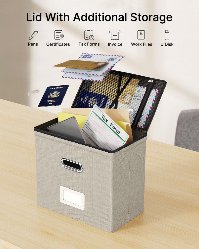 Oterri File Organizer Boxes with Lids, File Box with Mesh Pockets, Document Organizer Box for Letter Size Folders, Zippers Important Document Organizer (Beige, Small-1 Pack Without Folders) - Image 2