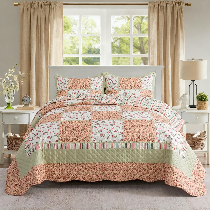 NEWLAKE Quilt Set Queen Size, Bedspread Sets Warm Orange Floral, Reversible Quilt Bedding Set Lightweight and Breathable for All Seasons, Soft Quilted Bedspread with 2 Pillow Shams - Image 1