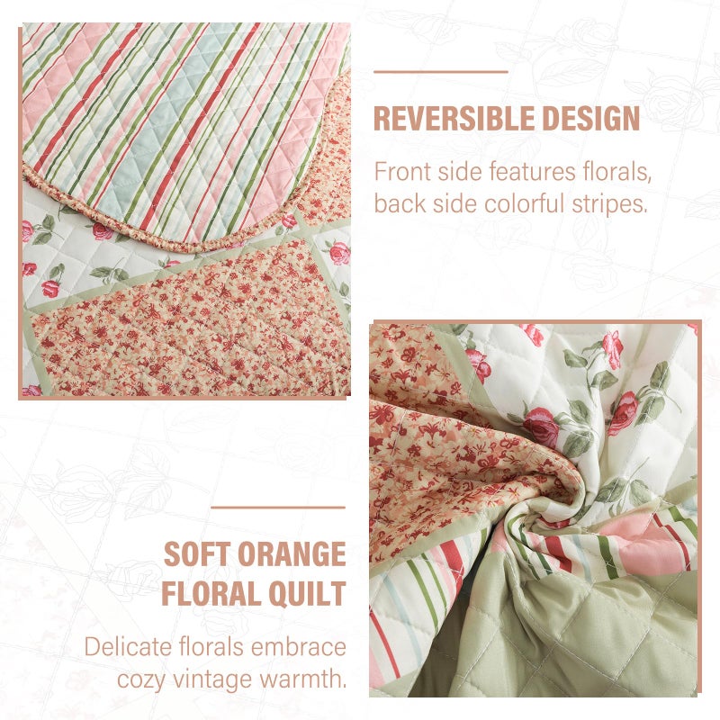 NEWLAKE Quilt Set Queen Size, Bedspread Sets Warm Orange Floral, Reversible Quilt Bedding Set Lightweight and Breathable for All Seasons, Soft Quilted Bedspread with 2 Pillow Shams - Image 3