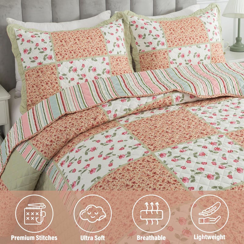 NEWLAKE Quilt Set Queen Size, Bedspread Sets Warm Orange Floral, Reversible Quilt Bedding Set Lightweight and Breathable for All Seasons, Soft Quilted Bedspread with 2 Pillow Shams - Image 2