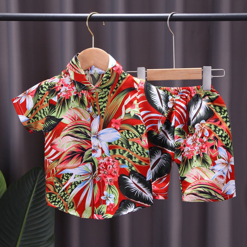 Childrens flower shirt suit small and medium-sized boys full print short sleeve T-shirt two-piece set Southeast Asian style childrens clothing wholesale Red
