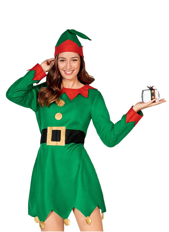 MAD TOYS Elf Adult Festive Costume, Green Dress with Belt and Hat  - Image 1