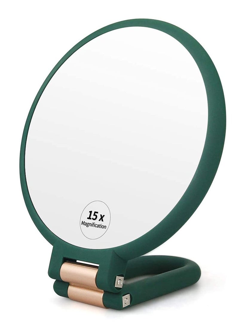 Magnifying Hand Held Mirror, Double Side Folding Hand Mirror for Women with Adjustable Handle, Travel Table Desk Shaving Bathroom Cosmetic Mirrors Handheld Portable for Travel 1X 15X (Green) - Image 1