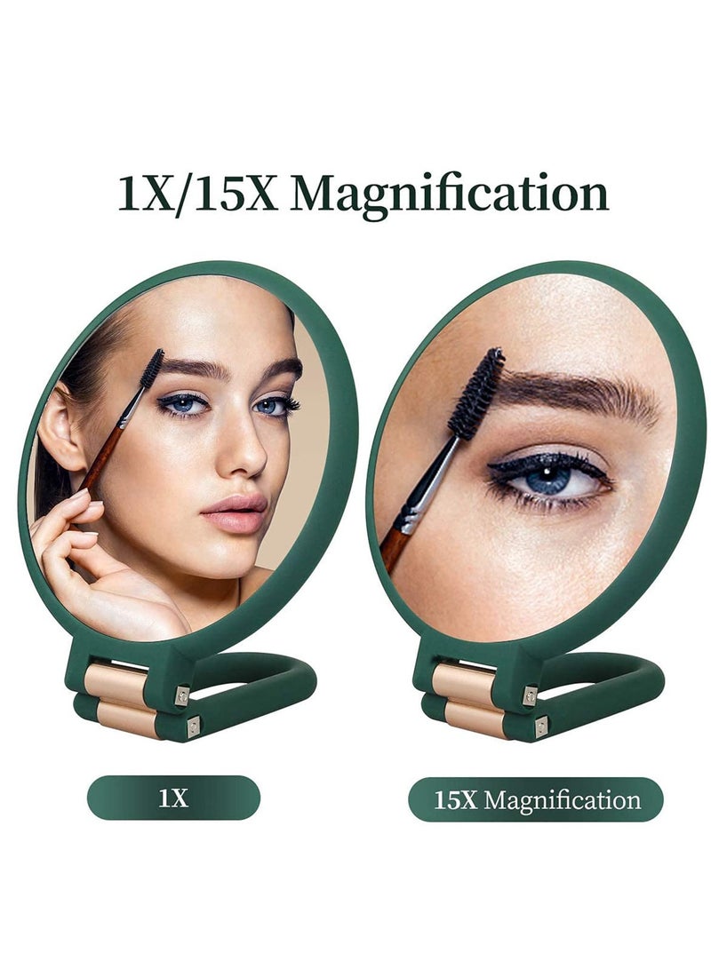 Magnifying Hand Held Mirror, Double Side Folding Hand Mirror for Women with Adjustable Handle, Travel Table Desk Shaving Bathroom Cosmetic Mirrors Handheld Portable for Travel 1X 15X (Green) - Image 2