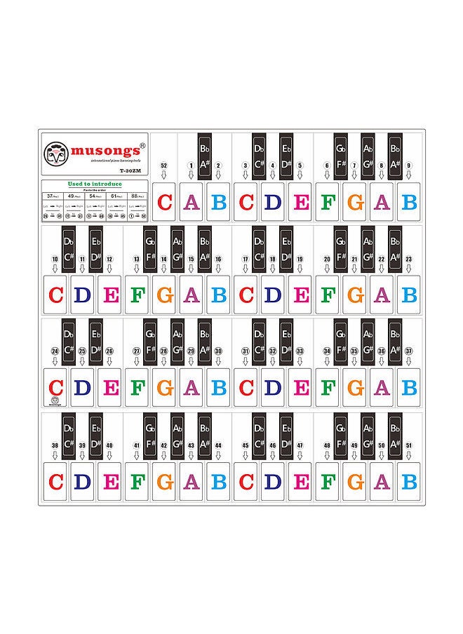 Piano Keyboard Stickers for 37/ 49/ 61/ 88 Keys Keyboards Removable Transparent Bigger Colorful Letters for Kids Beginners Piano Learning Practice