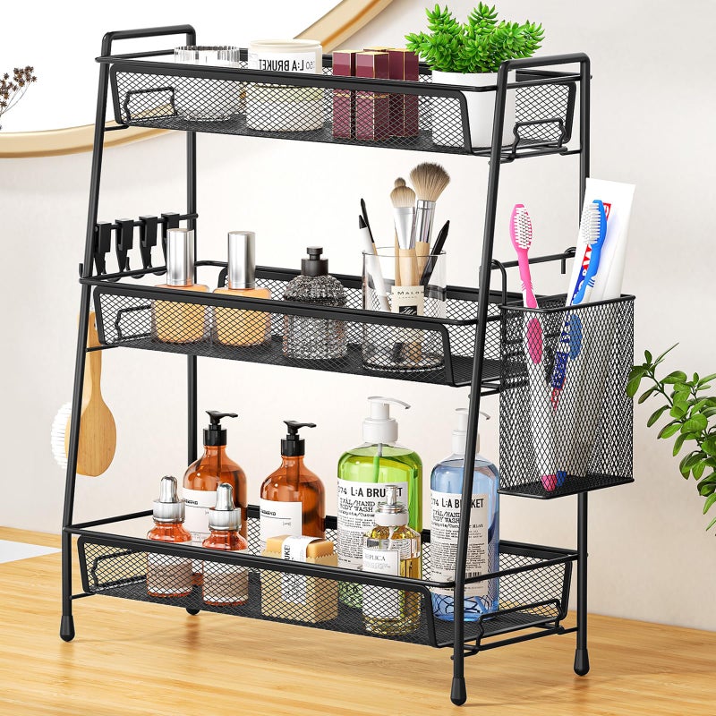 VITVITI 3Tier Bathroom Organizer Countertop Metal Wire Mesh Bathroom Counter Organizer Storage with Basket Hooks Vanity Tray Shelf Kitchen Spice Rack Black