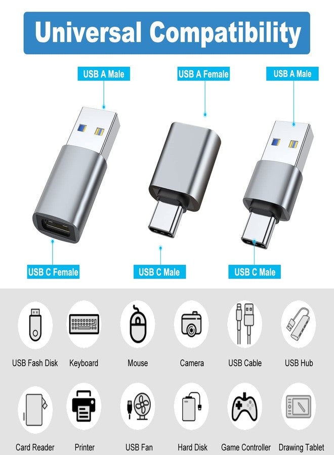 AreMe USB C Adapter (6 Pack), USB A Male to USB C Male, USB 3.0 Male to USB C Female, USB Type-C Male to USB 3.0 Female Converter Connector (Grey) - Image 2