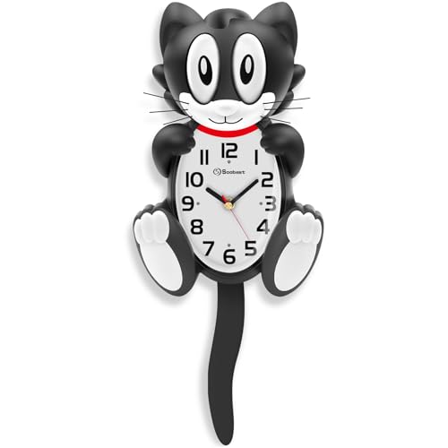 Soobest 18 Inch 3D Large Cat Wall Clock Battery Operated Silent Non Ticking with Moving Eyes and Pendulum Tail, Retro Kids Analog Wall Clock for Gift Decor Black - Image 1