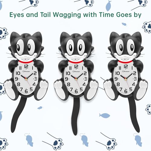 Soobest 18 Inch 3D Large Cat Wall Clock Battery Operated Silent Non Ticking with Moving Eyes and Pendulum Tail, Retro Kids Analog Wall Clock for Gift Decor Black - Image 4