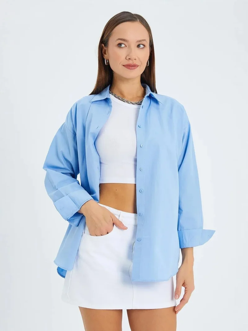 Mixray Baby Blue Mixray Long Sleeve Cotton Shirt for Women | Best Price UAE