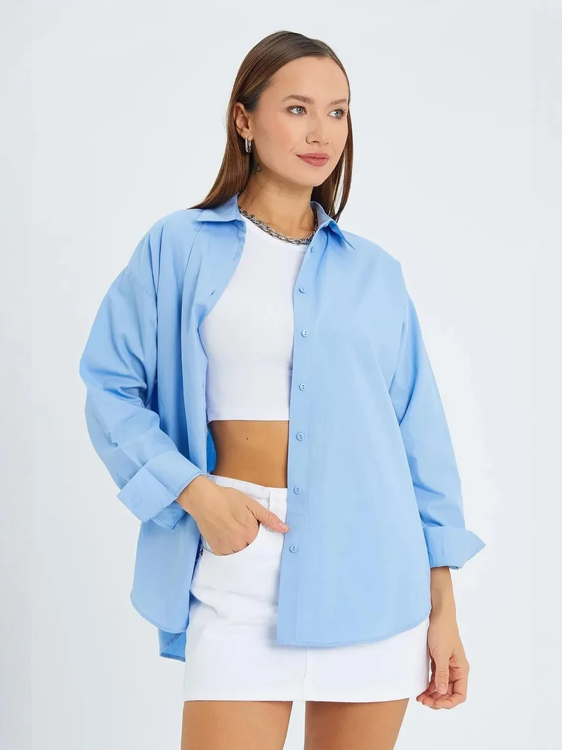 Mixray Baby Blue Mixray Long Sleeve Cotton Shirt for Women | Best Price UAE