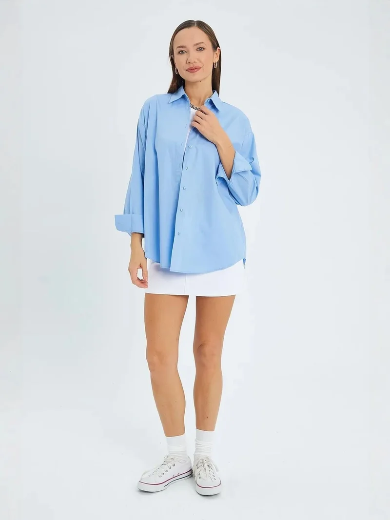 Mixray Baby Blue Mixray Long Sleeve Cotton Shirt for Women | Best Price UAE