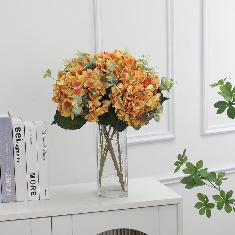 Kisflower كيسفلور 6 قطع زهور هيدرانجيا من الحرير اصطناعية واقعية باقة زهور هيدرانجيا لحفلات الزفاف والمكاتب وديكور المنزل (برتقالي محروق) - Image 5