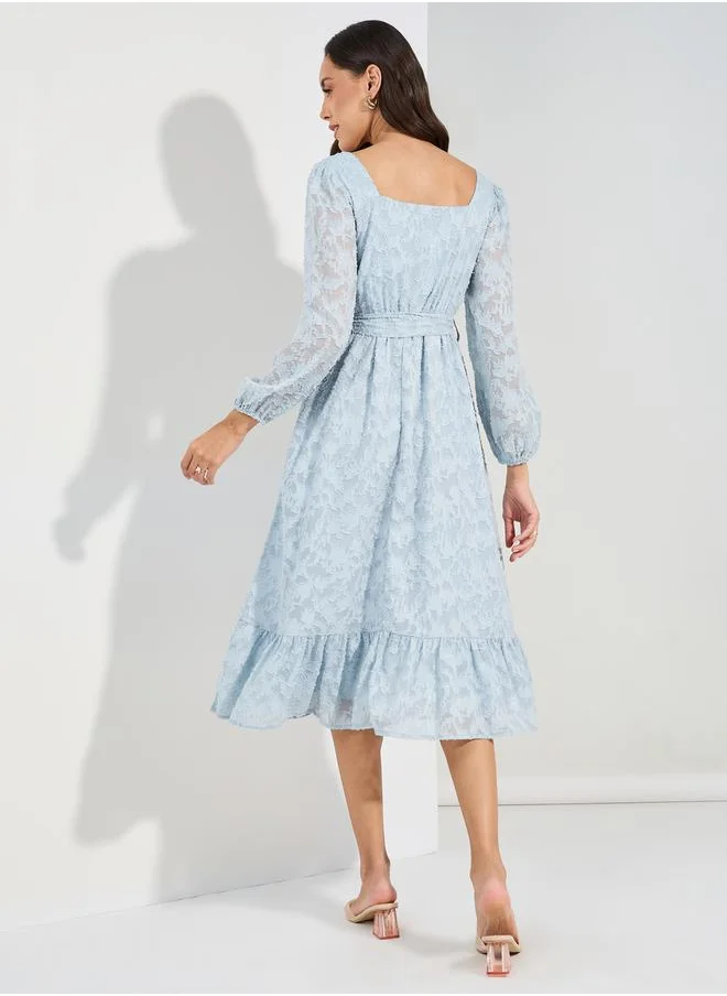 Styli Square Neck Burnout Textured Midi Dress