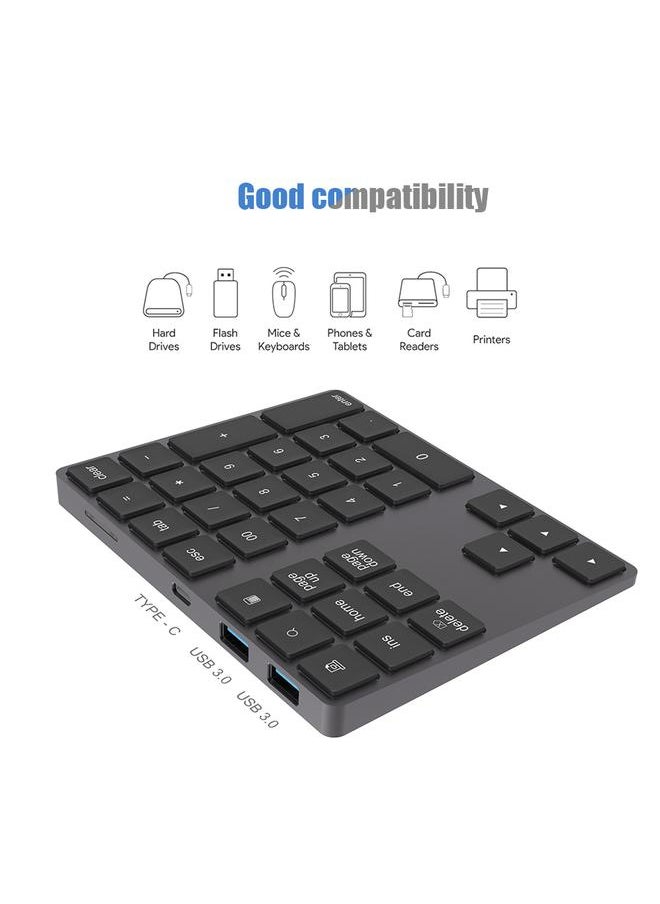 Wireless Number Pad BT Numeric Keypad 34 Key Keyboard HUB TypeC Fit for Windows(Black)