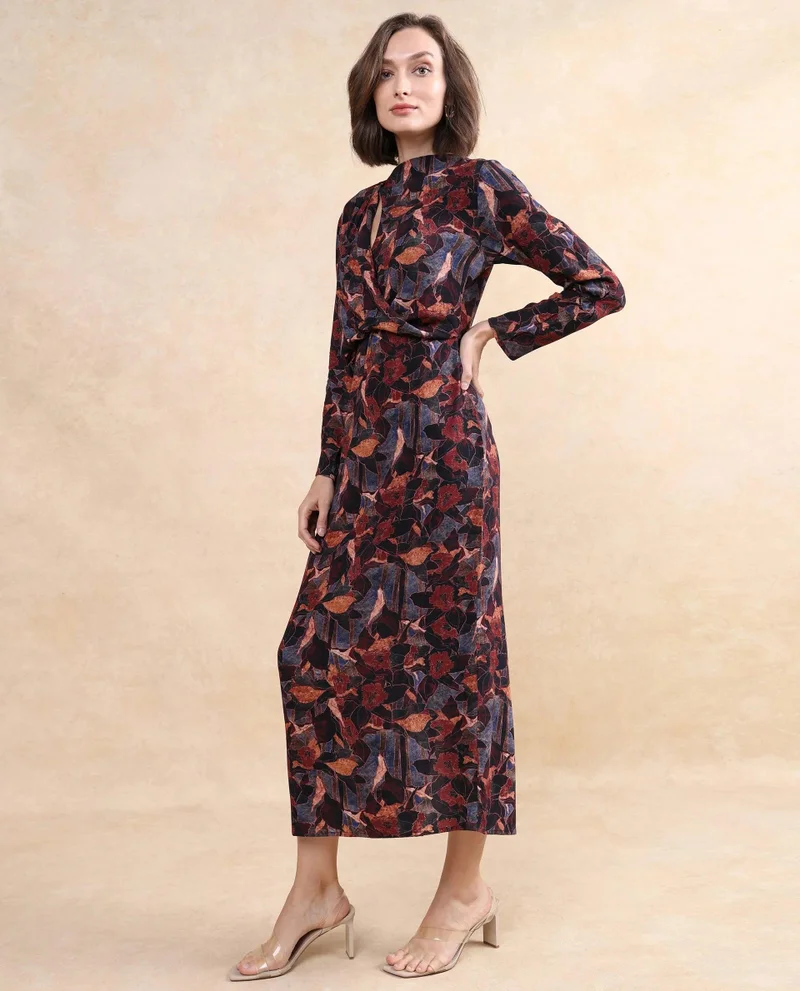Rareism Women's Cowl Neck Midi Dress