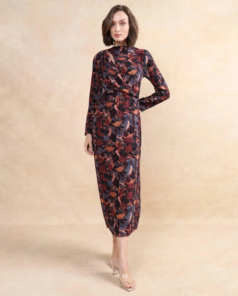 Rareism Women's Cowl Neck Midi Dress