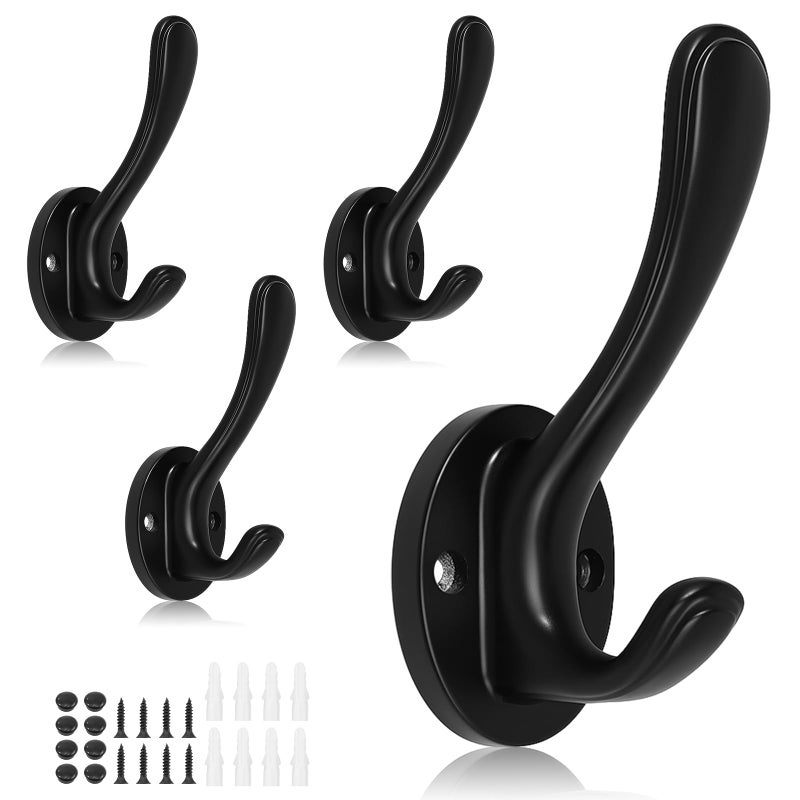 Dntorx 4 Pack Black Towel Hooks, Heavy Duty Coat Hooks Wall Mounted Metal Double Hook Bathroom Wall Robe Hooks for Hanging Towel Key Coats Hat Robe Clothes - Image 1