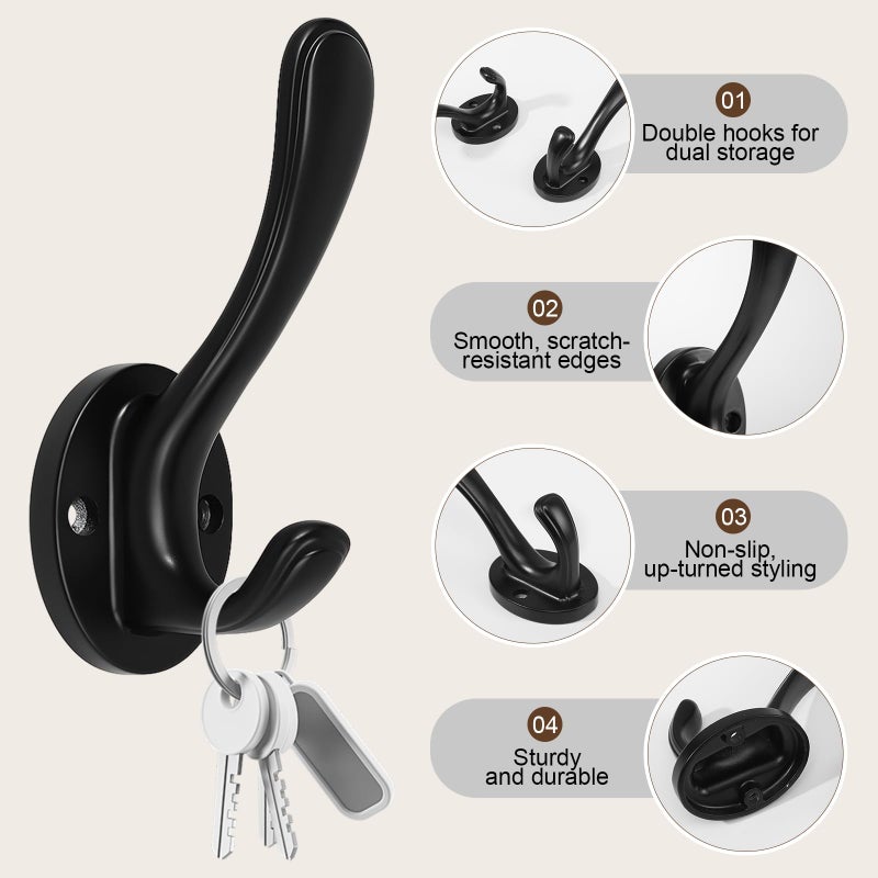 Dntorx 4 Pack Black Towel Hooks, Heavy Duty Coat Hooks Wall Mounted Metal Double Hook Bathroom Wall Robe Hooks for Hanging Towel Key Coats Hat Robe Clothes - Image 4