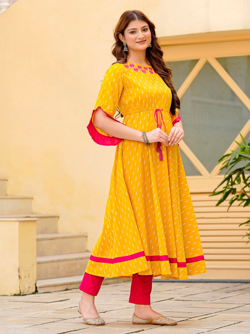 Yash Gallery Women’s Cotton Anarkali Kurta Dress | Mustard Yellow Ikat Print | Round Neck Floral Embroidery, 3/4 Ruffle Sleeves, Tie-Up Waist, Flared Maxi Length|Ethnic & Fusion Wear - Image 3