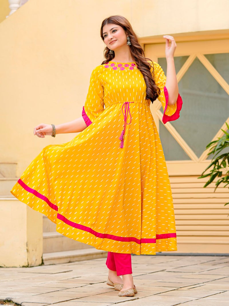Yash Gallery Women’s Cotton Anarkali Kurta Dress | Mustard Yellow Ikat Print | Round Neck Floral Embroidery, 3/4 Ruffle Sleeves, Tie-Up Waist, Flared Maxi Length|Ethnic & Fusion Wear - Image 2
