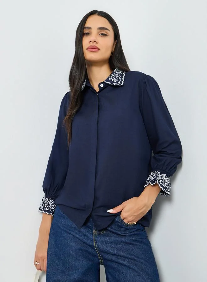 Styli Navy Embroidered Collar Shirt