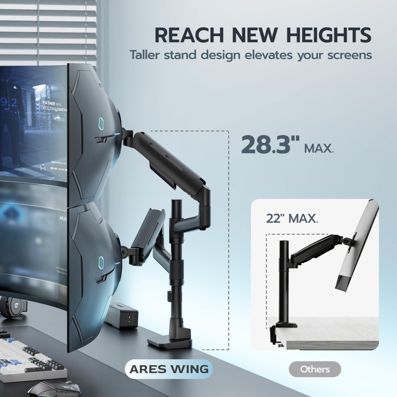 ARES WING حامل شاشات مزدوجة ARES WING لشاشات من 17-49 بوصة عريضة للغاية، حامل شاشة كمبيوتر مكتبي، قاعدة VESA قابلة للتعديل بنابض غاز، أسود - Image 3