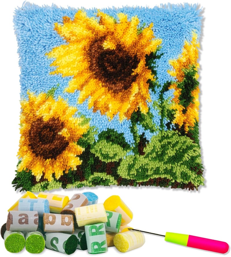 LAPATAIN Latch Hook Kits for DIY Throw Pillow Cover,Sunflower Needlework Cushion Cover Hand Craft Crochet for Great Family 17x17inch - Image 1