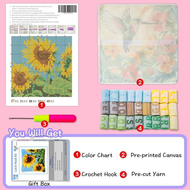 LAPATAIN Latch Hook Kits for DIY Throw Pillow Cover,Sunflower Needlework Cushion Cover Hand Craft Crochet for Great Family 17x17inch - Image 2